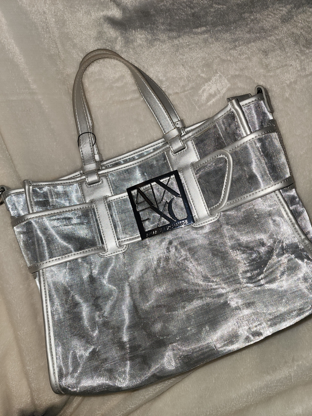 Armani Exchange Metallic Silver Tote with AX EXC Logo